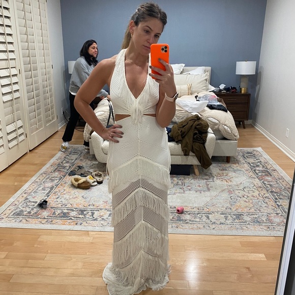 $2100 Raisa Vanessa Women's ivory Halter Neck Fringe Maxi Dress Size FR 38/ US 6 - Picture 2 of 5